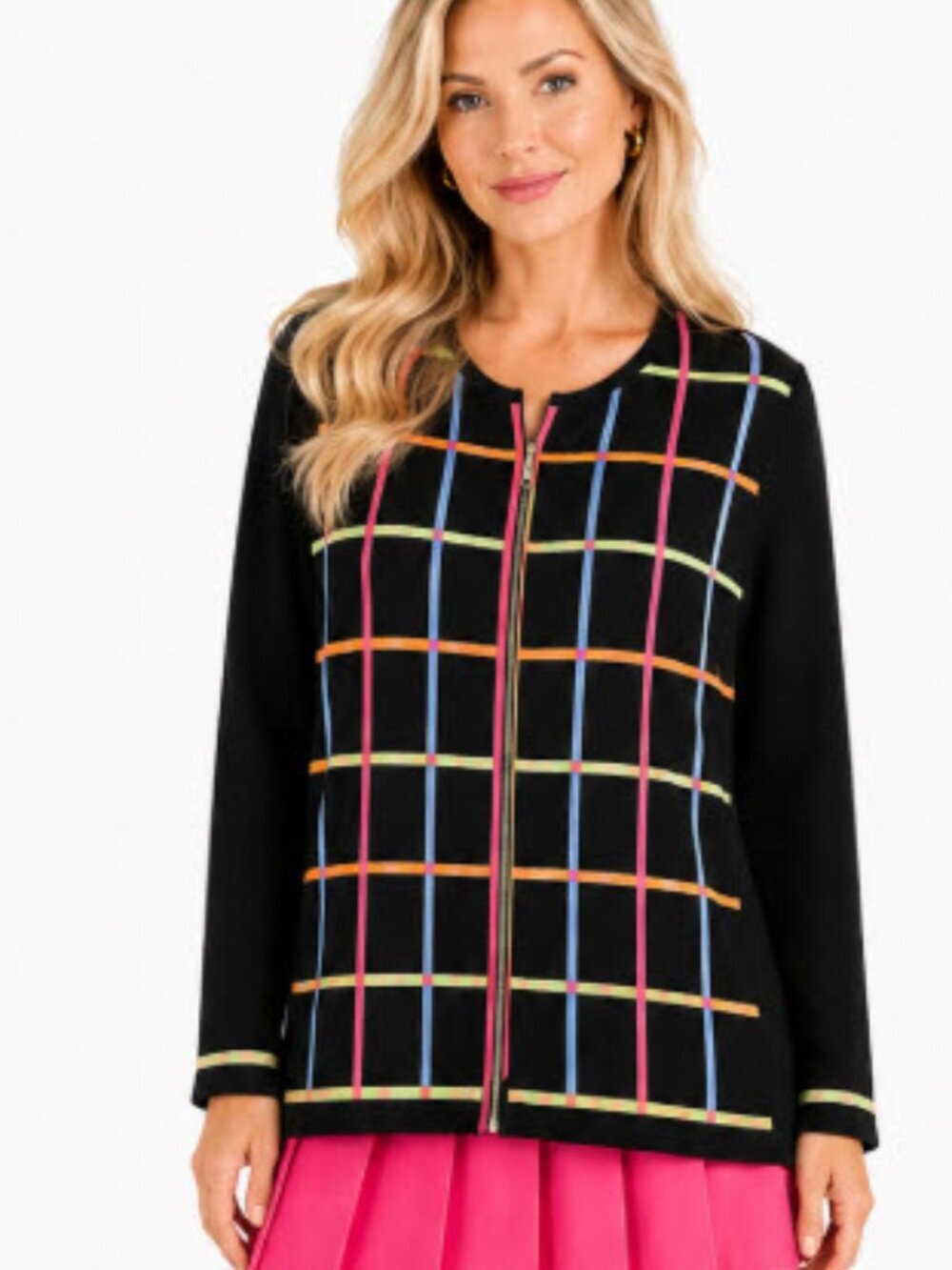 Parkhurst Neon Plaid Zip Cardigan Retro 90s Vivian Banks Sweater Small